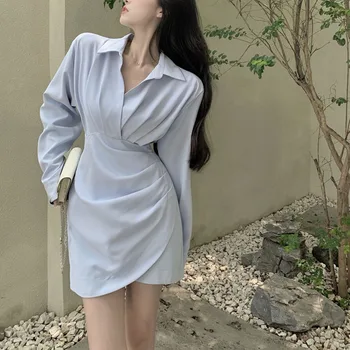 2021 Jeseni Nove Ženske Tanke Gube Seksi Dolg rokav Obleke korejskih Žensk, Temperament Urad Luksuzni Zvečer Mini Obleka Svetlo modre