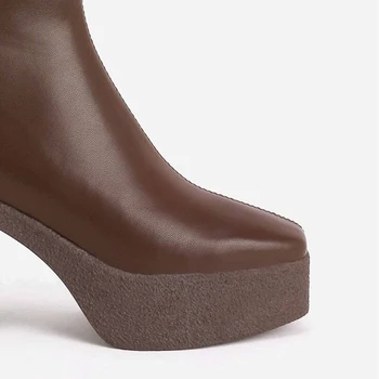 2021 Zimski Škornji Ženske Debele Platforme Super Visoke Pete, Škornji Toplo Kratek Plišastih Kvadratni Toe Zadrgo Rjavi Čevlji Ženski Ženske