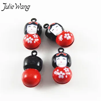 Julie Wang 5pcs Lep Mini Japonski Lutka v Kimono Obleko Emajl Zlitine Bell Čare Ročno Vetru Zvončki Zapestnica Anklet Ugotovitve