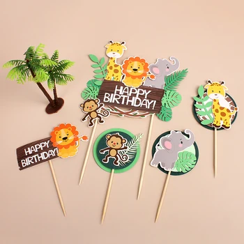 Jungle Živali Happy Birthday Cake Toppers, Gozdna Žirafa, Lev Slon, Opica Dekor Za Dan Otrok Fant Dekle Stranka Dobave