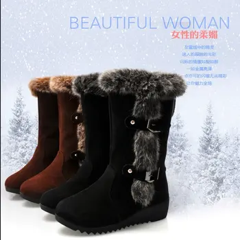Nove Zimske Ženske Škornji Priložnostne Toplo Krzno, Sredi Tele Škornji, čevlji za Ženske Slip-On Krog Toe klini Sneg Škornji, čevlji Muje Plus velikost