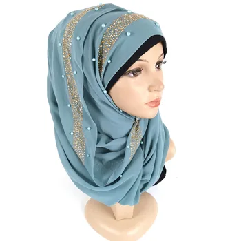 Pomlad 2021 vroče prodaje Muslimanskih čiste barve pearl šifon vroče diamond kroglice enobarvni visoke kakovosti headscarf