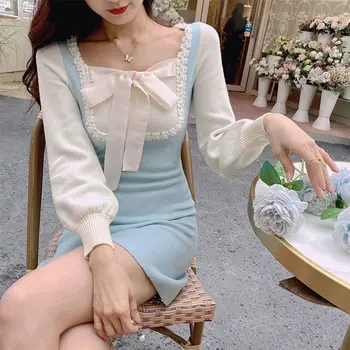 Pozimi Kawaii Pleteno Obleko Ženske Lok Mozaik Sweet Stranka Mini Obleka Ženska Korejski Elegantno Vitek Pletenine Pulover Obleko 2021