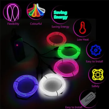 Prilagodljiv, Neon, Luči Svetijo EL Žičnih Vrvi Kabel LED Luči Za Božični Ples Rave Dekoracijo DIY Čevlji, Oblačila USB LED Trakovi, Žarnice