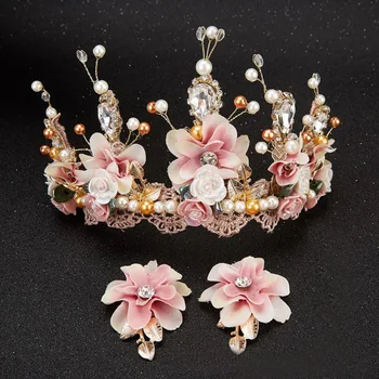 Sladko roza tiara keramični cvet hairbands beaded čipke Baročno krono zlati poročni nakit za lase