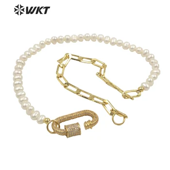 WT-MN975 Debelo Krasen ročno naravni biser zaponko ogrlica za ženske zlata veriga 16-inch kratek biserna ogrlica