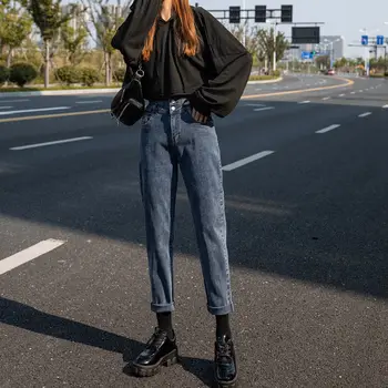 Ženska Jeans Hlače Elastična Jeseni, Pozimi Visok Pas Naravnost Svoboden Noge Pantalones Vaqueros Mujer