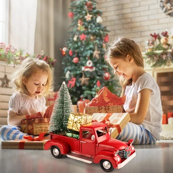 OurWarm Božič Retro Rdeča Tovornjak Okraski Kovinski Tovornjak Avto Z Mini Božično Drevo In Mini Polje Božično Dekoracijo Mize